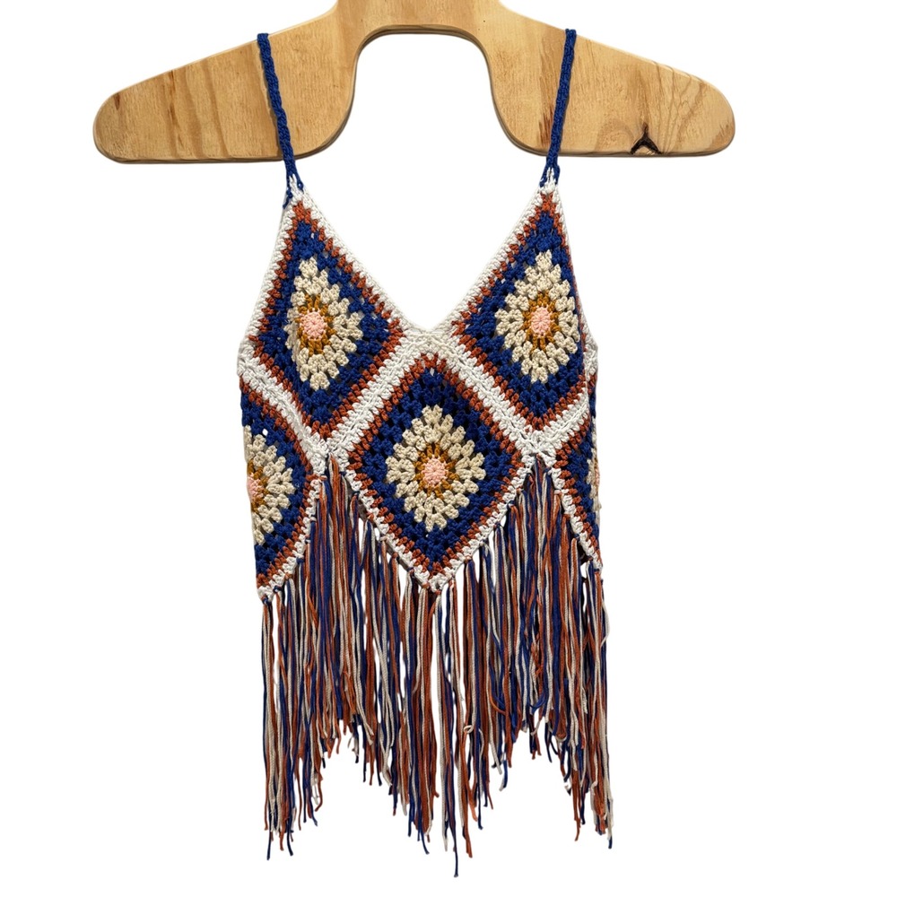 Crochet Fringe Tank Top Bohemian Festival Blue Orange Size M FL Gators Auburn - Picture 6 of 8